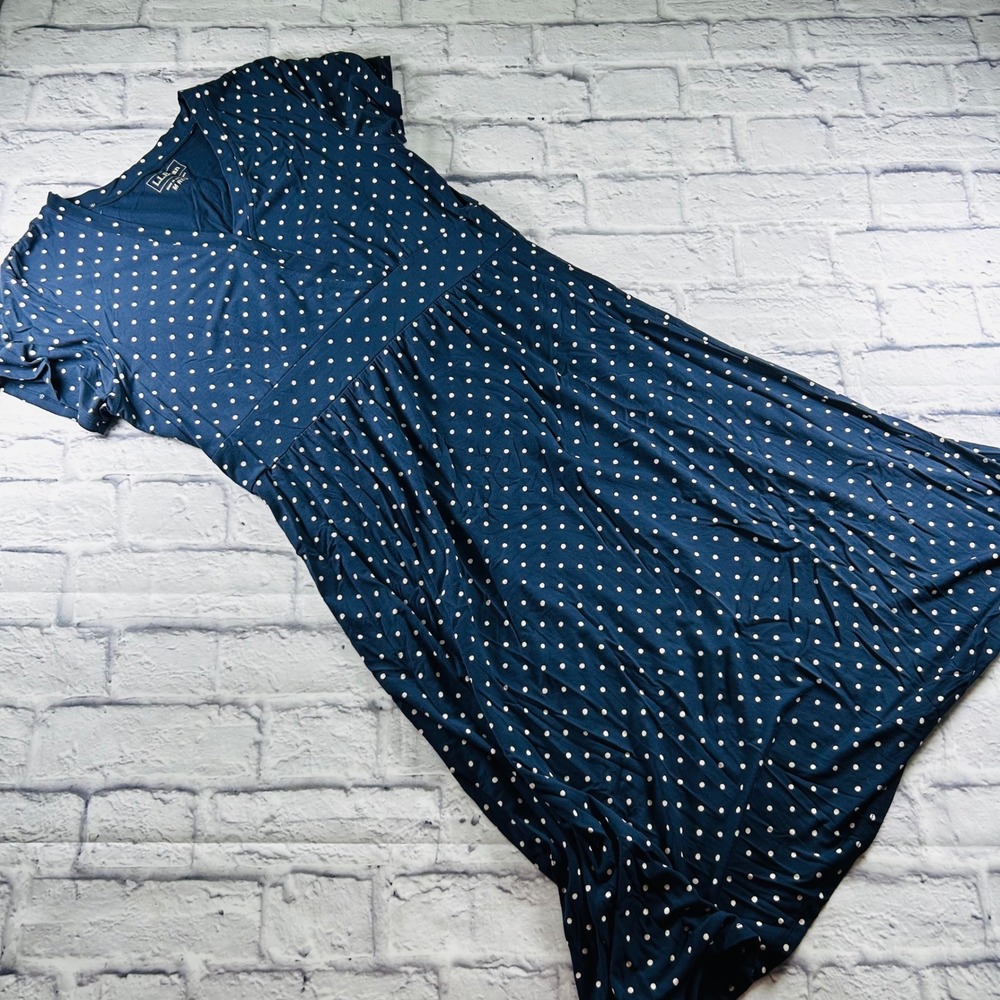 LL Bean Womens Navy Blue Polka Dot Empire Waist V-Neck Knit Dress Size M Reg